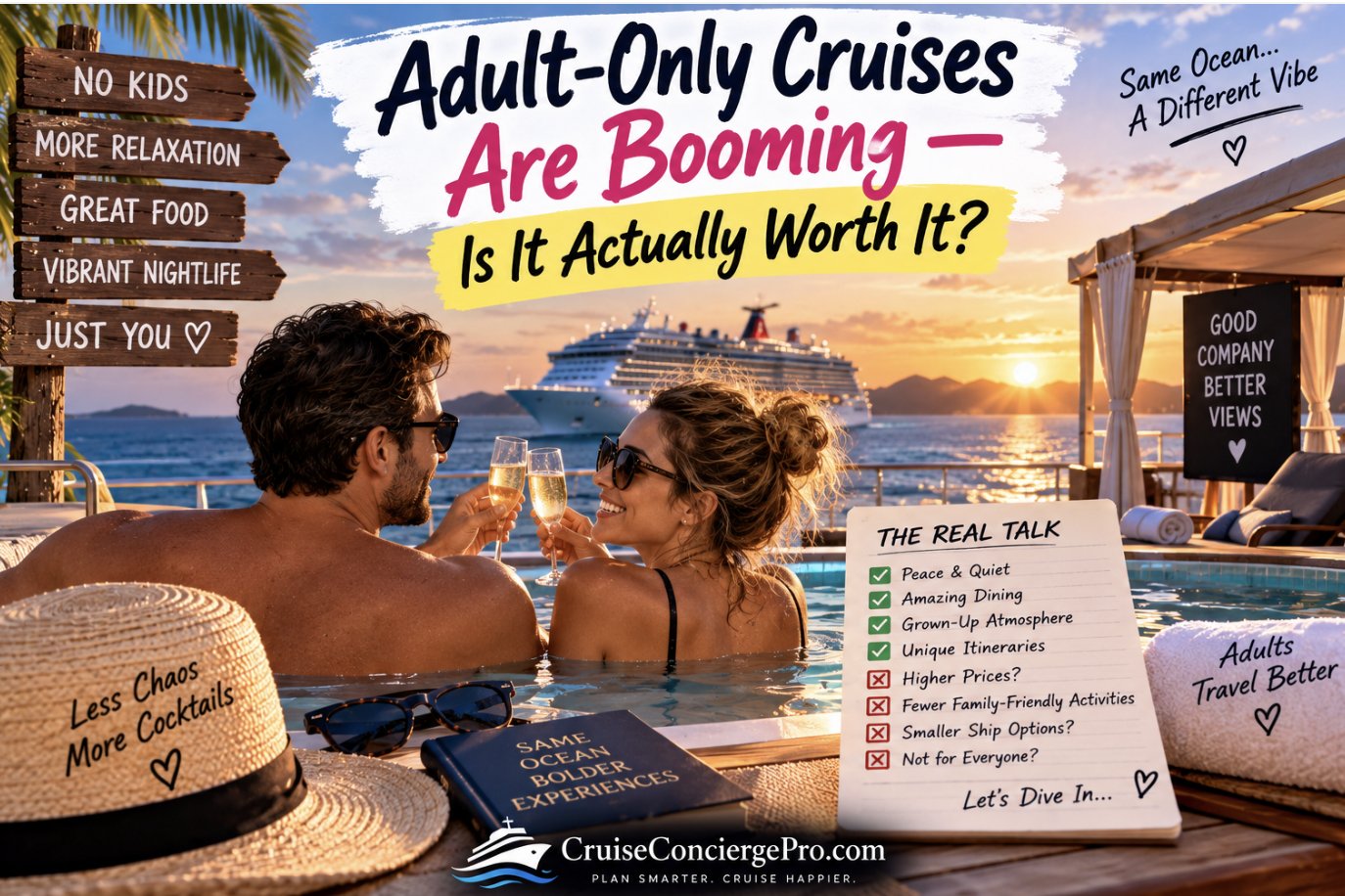 A couple toasting champagne in a pool at sunset with a cruise ship in the background, next to a notepad titled 'The Real Talk' listing pros and cons of adult-only cruises