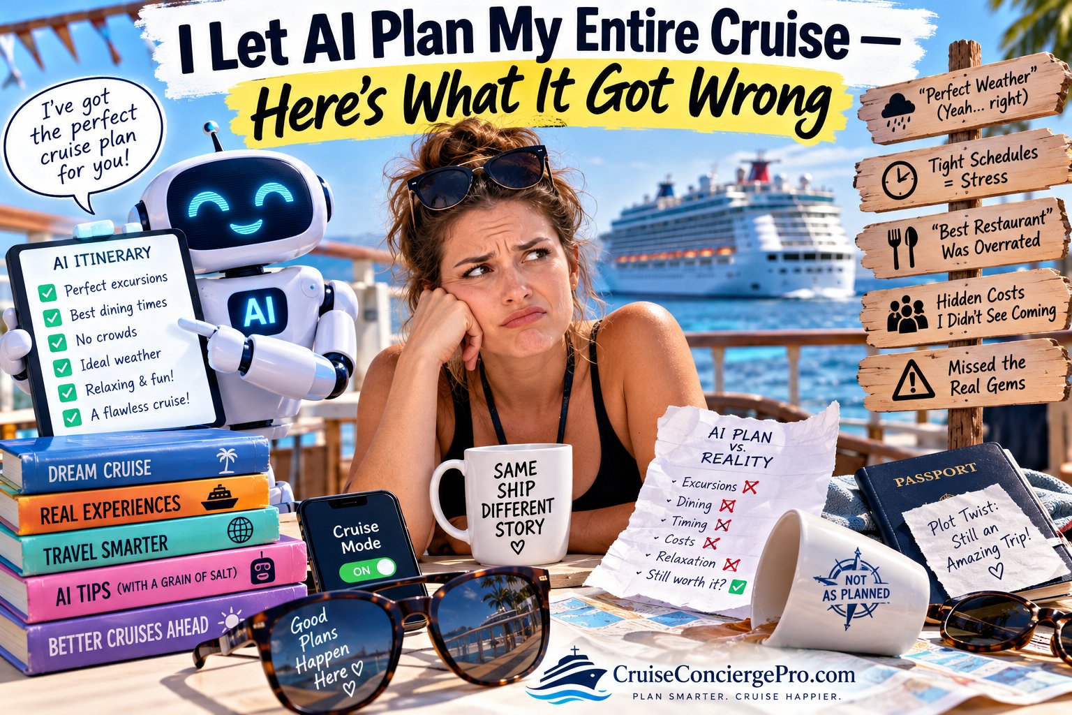 A woman looking skeptical beside a smiling robot holding an 'AI Itinerary' checklist, with a note comparing the AI plan to reality and a mug reading 'Not As Planned'