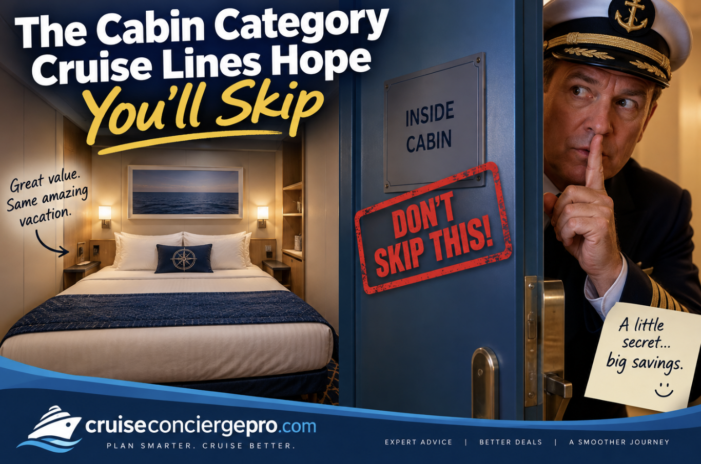 A cozy interior cruise cabin with a neatly made bed, next to a ship's officer peeking through a cracked door marked 'Inside Cabin' with a finger to his lips and a sticky note reading 'A little secret... big savings.'