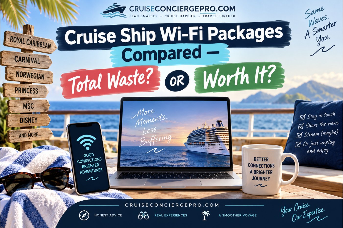 Laptop, phone, and coffee mug on a cruise ship balcony table overlooking the ocean, with a wooden signpost listing cruise lines and text reading Cruise Ship Wi-Fi Packages Compared: Total Waste or Worth It