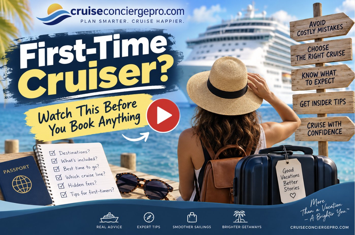 A woman in a sunhat looking out at a cruise ship from a dock, with a passport, checklist notebook, and packed suitcase in the foreground, and a signpost reading Avoid Costly Mistakes, Choose the Right Cruise, Know What to Expect, Get Insider Tips, Cruise with Confidence