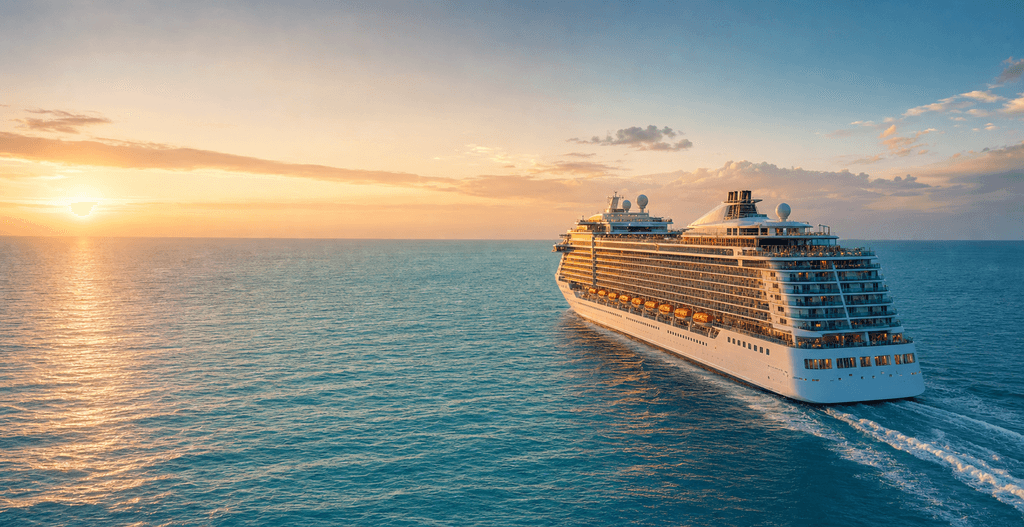 A grand ocean cruise ship sailing across calm turquoise sea at golden hour
