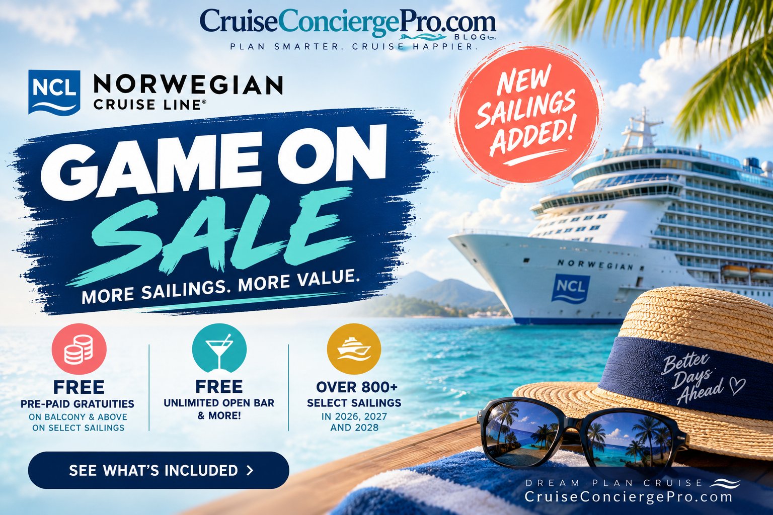 Norwegian Cruise Line Game On Sale promotional graphic featuring a cruise ship in the Caribbean, with free pre-paid gratuities, free unlimited open bar, and over 800 select sailings in 2026, 2027, and 2028
