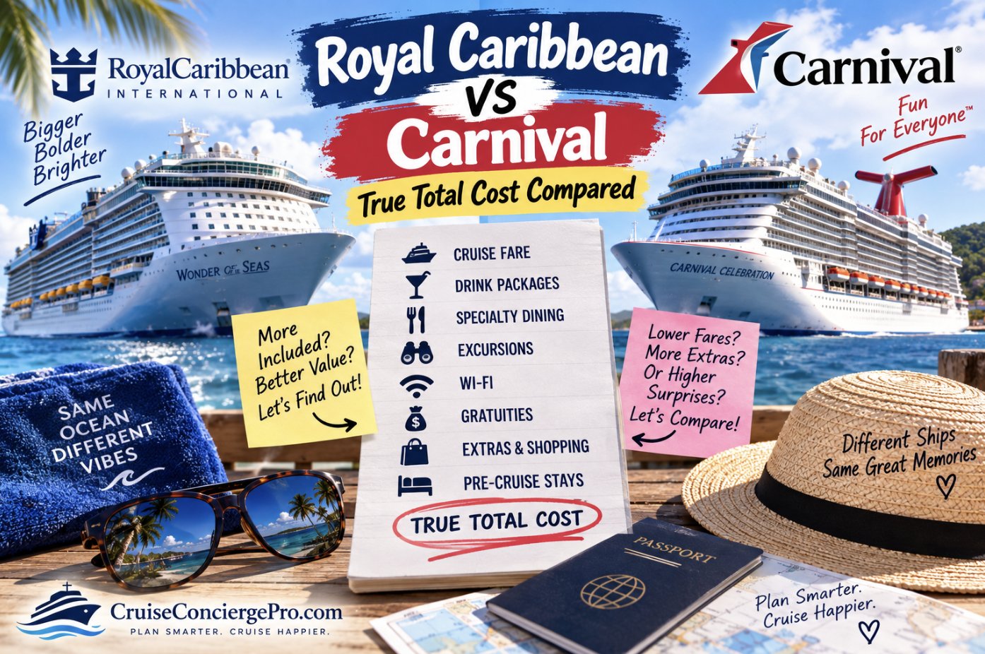 Royal Caribbean's Wonder of the Seas and Carnival Celebration side by side in port, with a notepad comparing cruise fare, drink packages, dining, excursions, wifi, gratuities, and extras